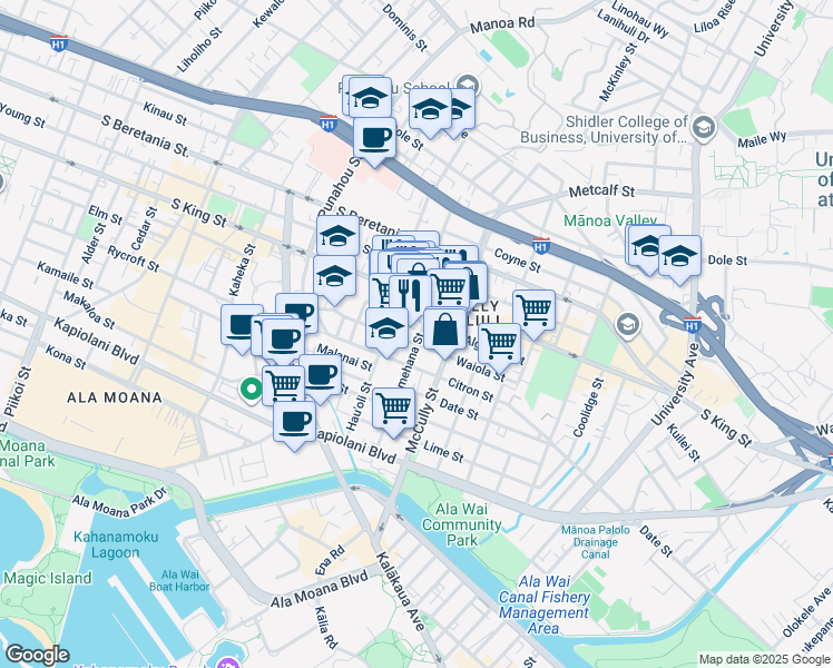 map of restaurants, bars, coffee shops, grocery stores, and more near 909 Pumehana Street in Honolulu