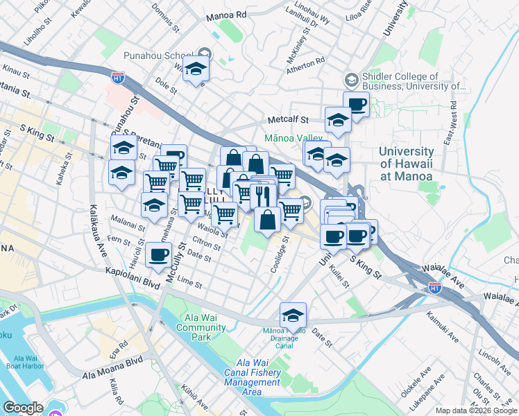 map of restaurants, bars, coffee shops, grocery stores, and more near 1018 Hoawa Lane in Honolulu