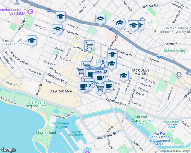 map of restaurants, bars, coffee shops, grocery stores, and more near 1650 Kanunu Street in Honolulu