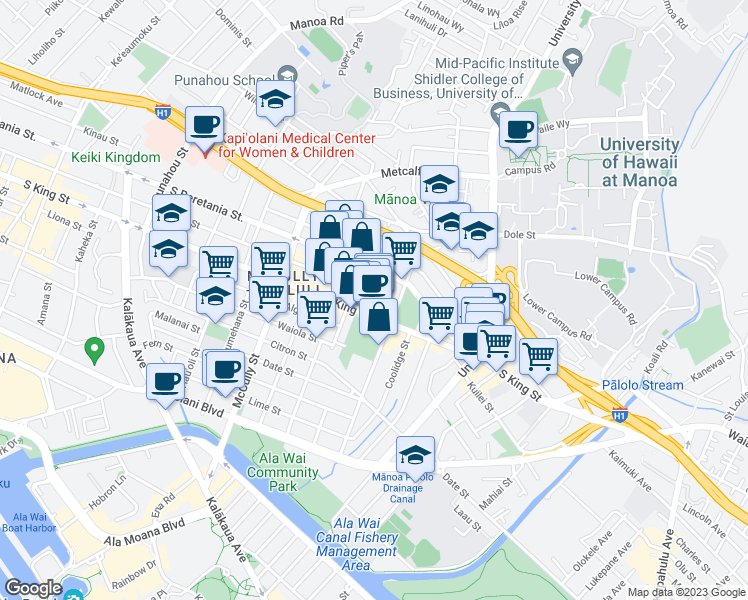 map of restaurants, bars, coffee shops, grocery stores, and more near 2307 Young Street in Honolulu