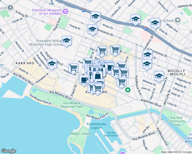 map of restaurants, bars, coffee shops, grocery stores, and more near 1376 Kapiolani Boulevard in Honolulu