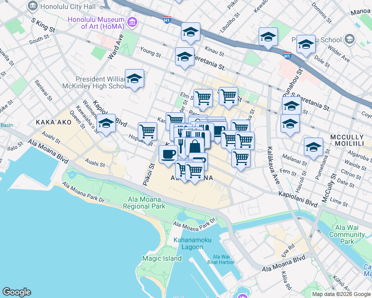 map of restaurants, bars, coffee shops, grocery stores, and more near 1376 Kapiolani Boulevard in Honolulu