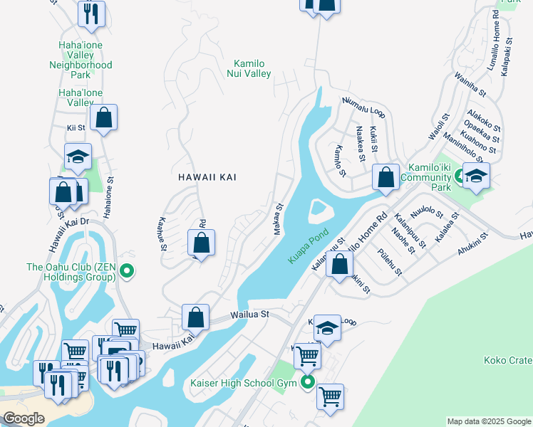 map of restaurants, bars, coffee shops, grocery stores, and more near 7265 Makaa Street in Honolulu