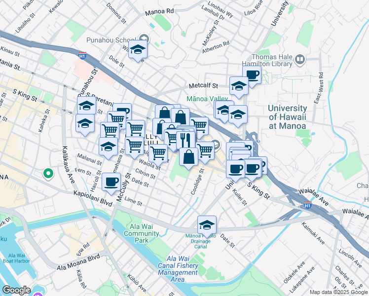 map of restaurants, bars, coffee shops, grocery stores, and more near 2220 South King Street in Honolulu