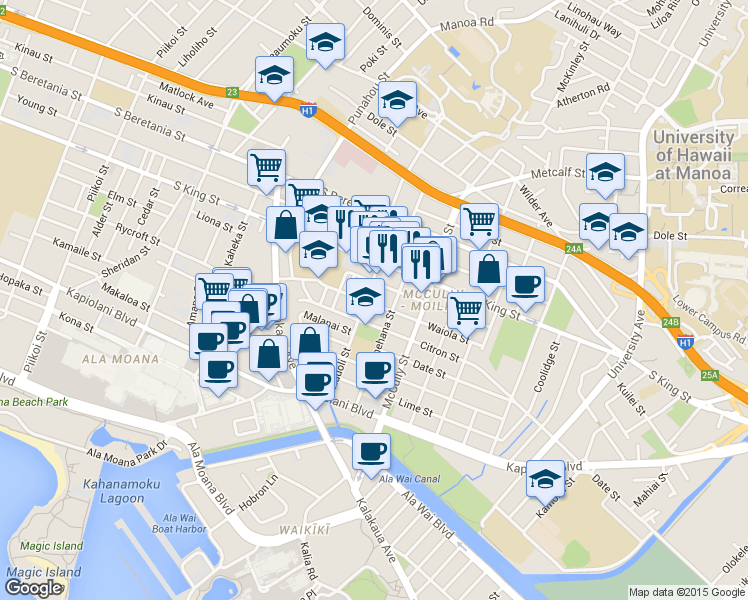 map of restaurants, bars, coffee shops, grocery stores, and more near 1807 Waiola Street in Honolulu