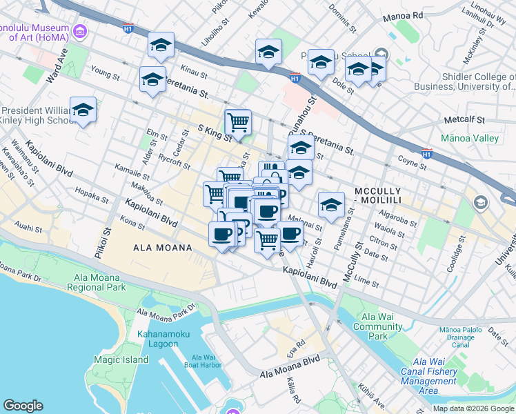 map of restaurants, bars, coffee shops, grocery stores, and more near 1650 Kanunu Street in Honolulu