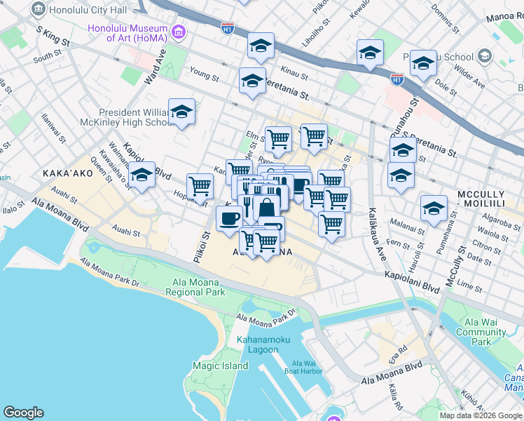 map of restaurants, bars, coffee shops, grocery stores, and more near 1376 Kapiolani Boulevard in Honolulu