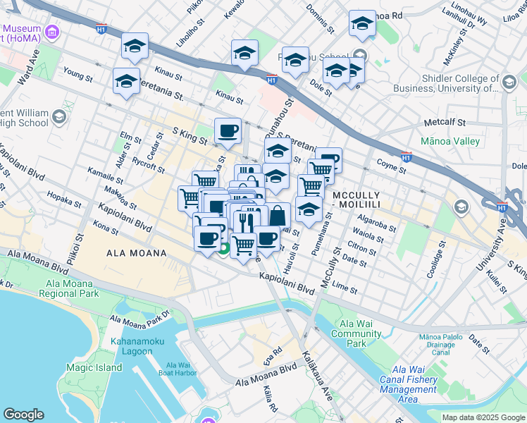 map of restaurants, bars, coffee shops, grocery stores, and more near Pualoke Place in Honolulu