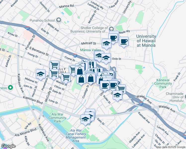 map of restaurants, bars, coffee shops, grocery stores, and more near 2450 South Beretania Street in Honolulu