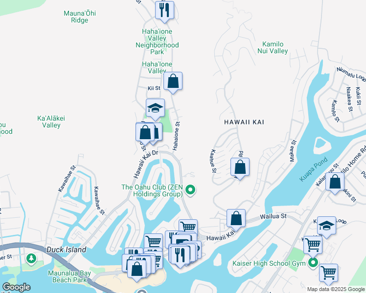 map of restaurants, bars, coffee shops, grocery stores, and more near 501 Hahaione Street in Honolulu