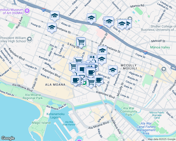 map of restaurants, bars, coffee shops, grocery stores, and more near 1650 Kanunu Street in Honolulu