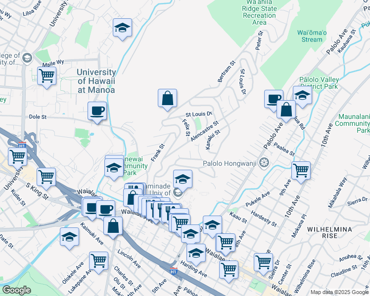 map of restaurants, bars, coffee shops, grocery stores, and more near 1465 Alencastre Street in Honolulu