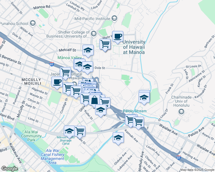 map of restaurants, bars, coffee shops, grocery stores, and more near 1355 Lower Campus Road in Honolulu