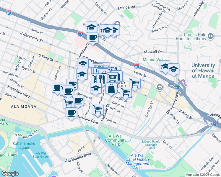 map of restaurants, bars, coffee shops, grocery stores, and more near Algaroba Street in Honolulu