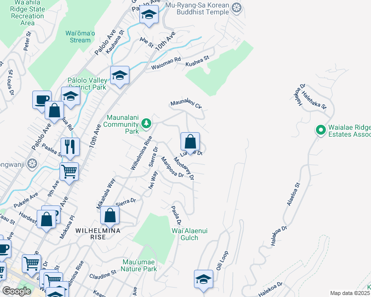 map of restaurants, bars, coffee shops, grocery stores, and more near 4825 Matsonia Drive in Honolulu