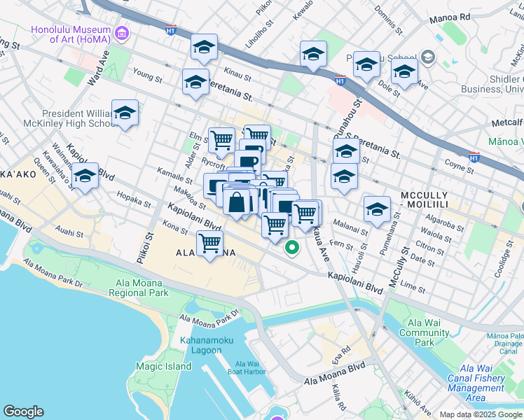 map of restaurants, bars, coffee shops, grocery stores, and more near 750 Amana Street in Honolulu