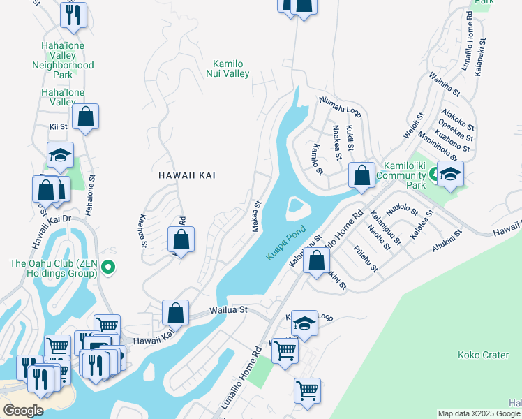 map of restaurants, bars, coffee shops, grocery stores, and more near 7265 Makaa Street in Honolulu