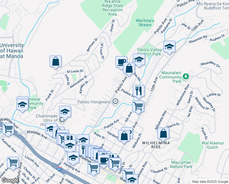 map of restaurants, bars, coffee shops, grocery stores, and more near 1717 Palolo Avenue in Honolulu