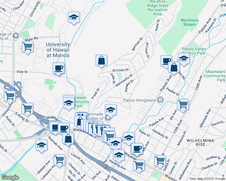 map of restaurants, bars, coffee shops, grocery stores, and more near 1465 Alencastre Street in Honolulu
