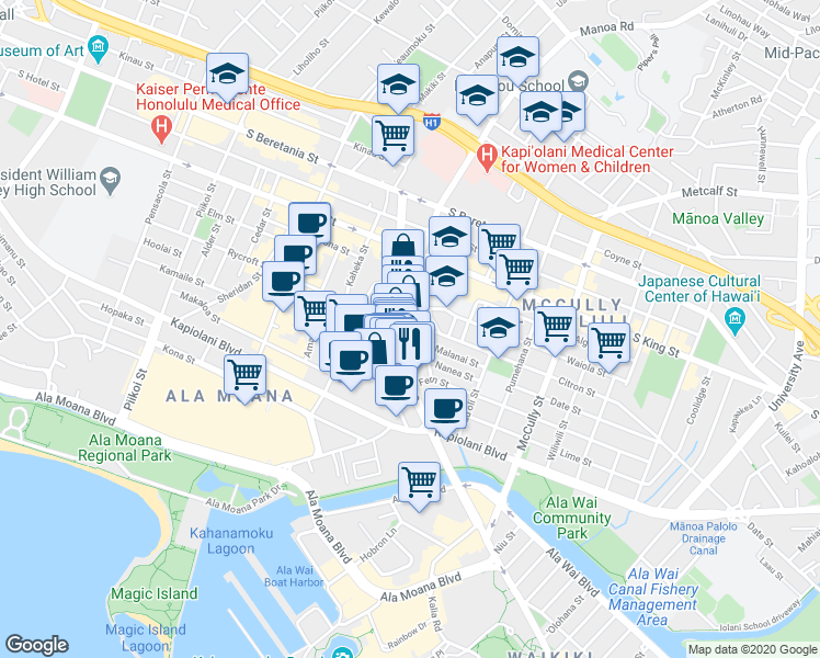 map of restaurants, bars, coffee shops, grocery stores, and more near 1607 Pualoke Place in Honolulu