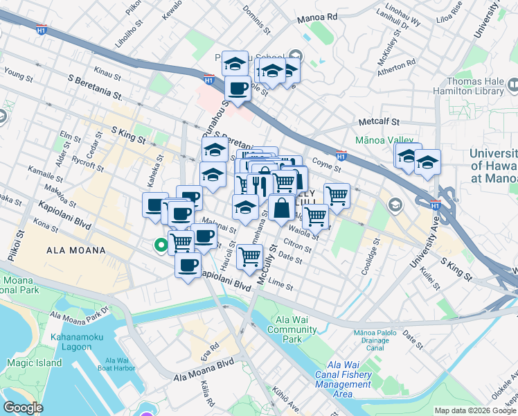 map of restaurants, bars, coffee shops, grocery stores, and more near 909 Pumehana Street in Honolulu