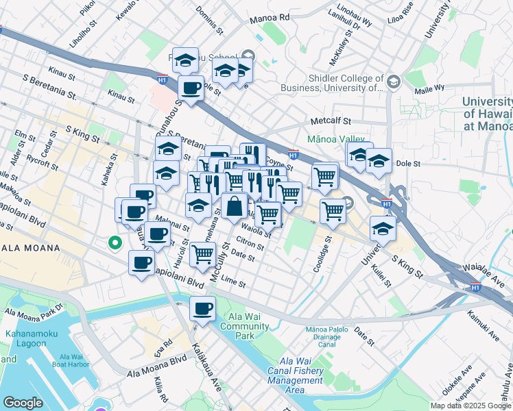 map of restaurants, bars, coffee shops, grocery stores, and more near 2016 Algaroba Street in Honolulu