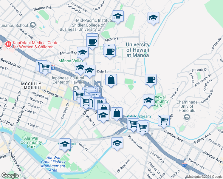 map of restaurants, bars, coffee shops, grocery stores, and more near 1337 Lower Campus Road in Honolulu