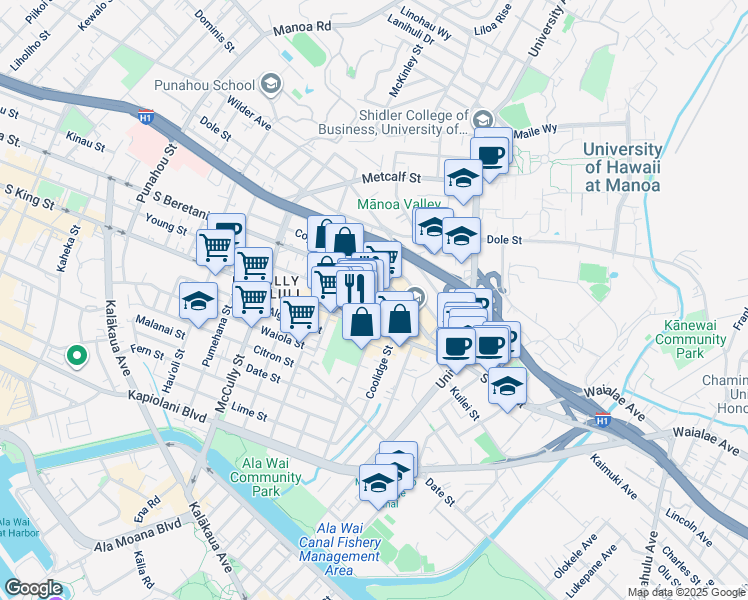 map of restaurants, bars, coffee shops, grocery stores, and more near 2320 South King Street in Honolulu
