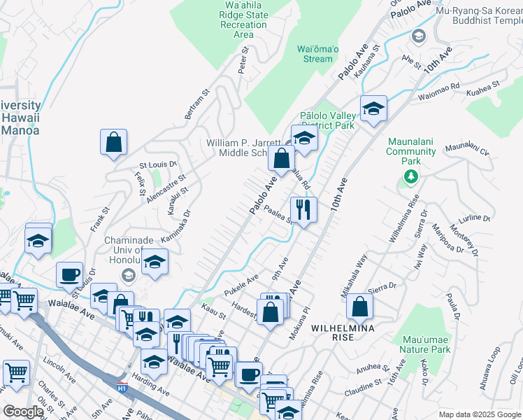 map of restaurants, bars, coffee shops, grocery stores, and more near 1717 Palolo Avenue in Honolulu