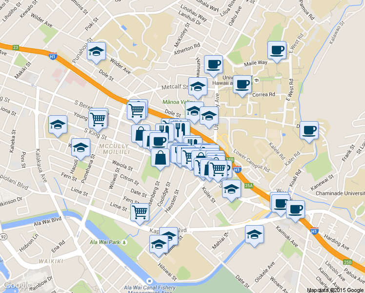 map of restaurants, bars, coffee shops, grocery stores, and more near 2450 South Beretania Street in Honolulu