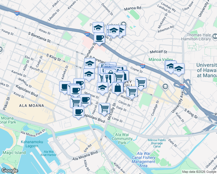 map of restaurants, bars, coffee shops, grocery stores, and more near 909 Pumehana Street in Honolulu