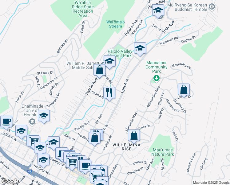 map of restaurants, bars, coffee shops, grocery stores, and more near 1849 9th Avenue in Honolulu