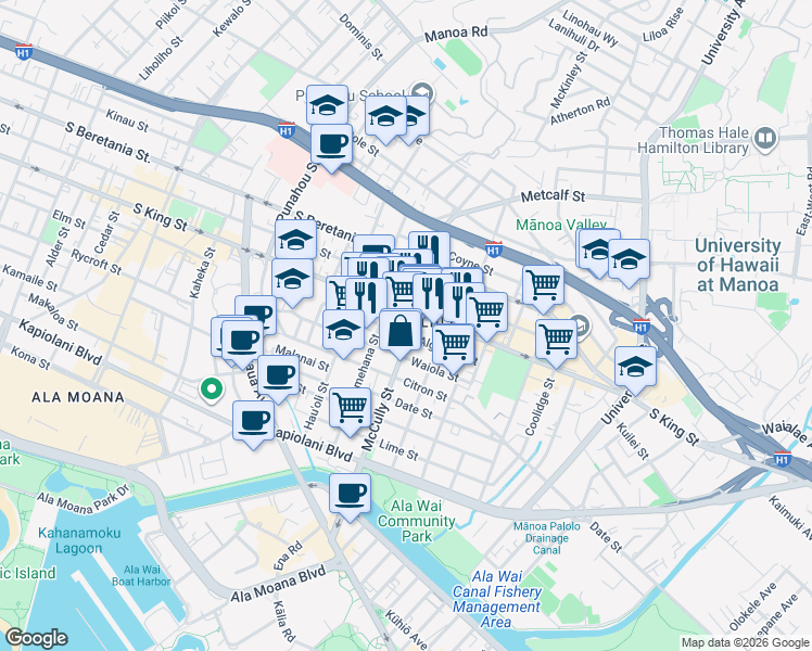 map of restaurants, bars, coffee shops, grocery stores, and more near 2016 Algaroba Street in Honolulu