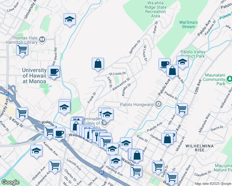 map of restaurants, bars, coffee shops, grocery stores, and more near 1525 Kalaepohaku Place in Honolulu