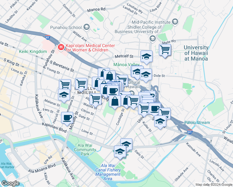 map of restaurants, bars, coffee shops, grocery stores, and more near 2320 South King Street in Honolulu