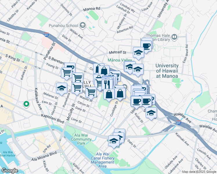 map of restaurants, bars, coffee shops, grocery stores, and more near 2320 South King Street in Honolulu