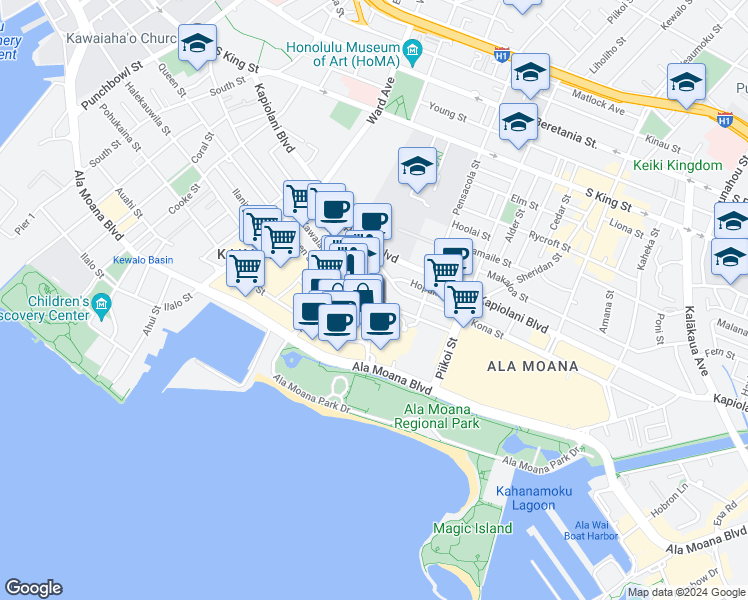 map of restaurants, bars, coffee shops, grocery stores, and more near 1133 Waimanu Street in Honolulu