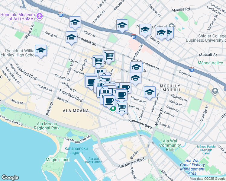 map of restaurants, bars, coffee shops, grocery stores, and more near 1624 Kanunu Street in Honolulu