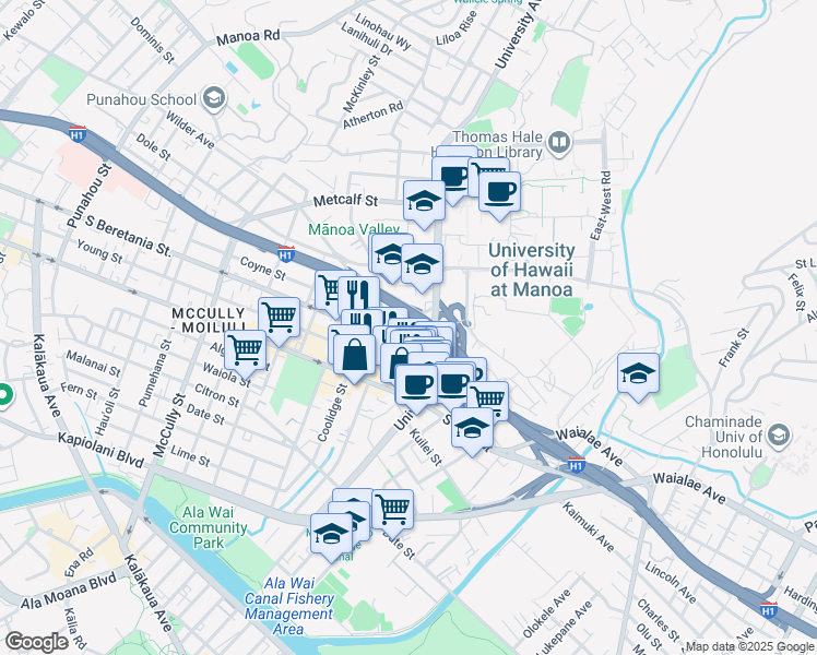 map of restaurants, bars, coffee shops, grocery stores, and more near 2509 Bingham Street in Honolulu