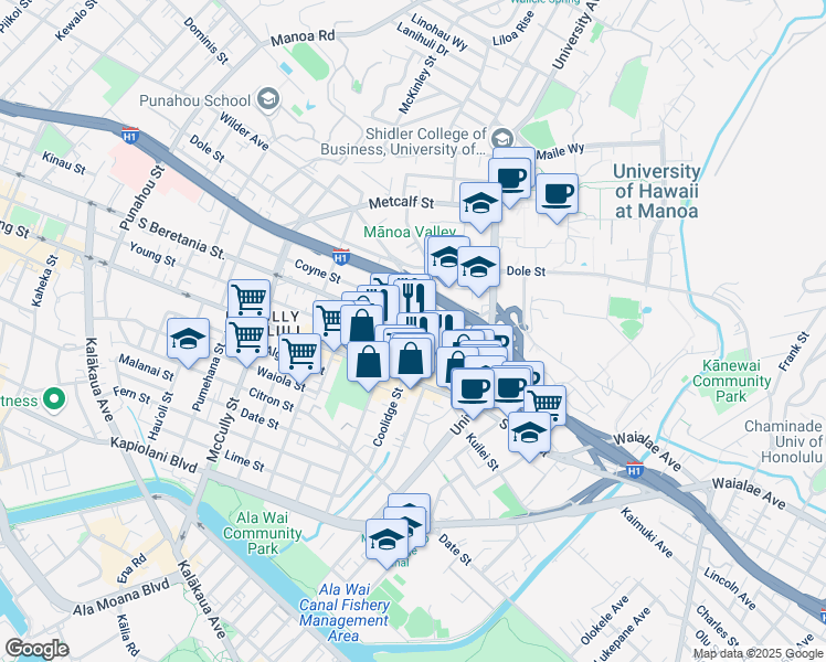 map of restaurants, bars, coffee shops, grocery stores, and more near 2450 South Beretania Street in Honolulu