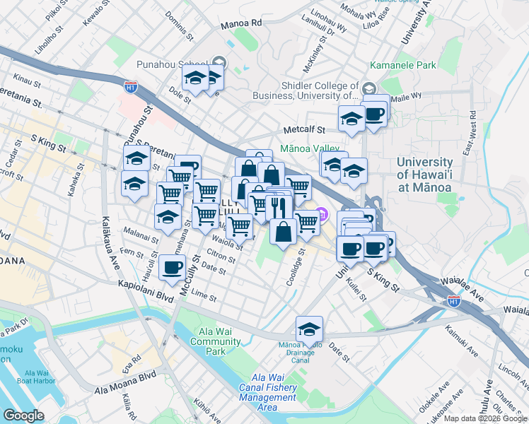 map of restaurants, bars, coffee shops, grocery stores, and more near 2220 South King Street in Honolulu