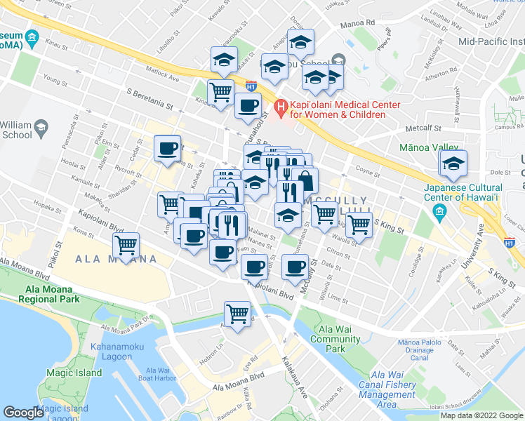 map of restaurants, bars, coffee shops, grocery stores, and more near 834 Lokahi Street in Honolulu