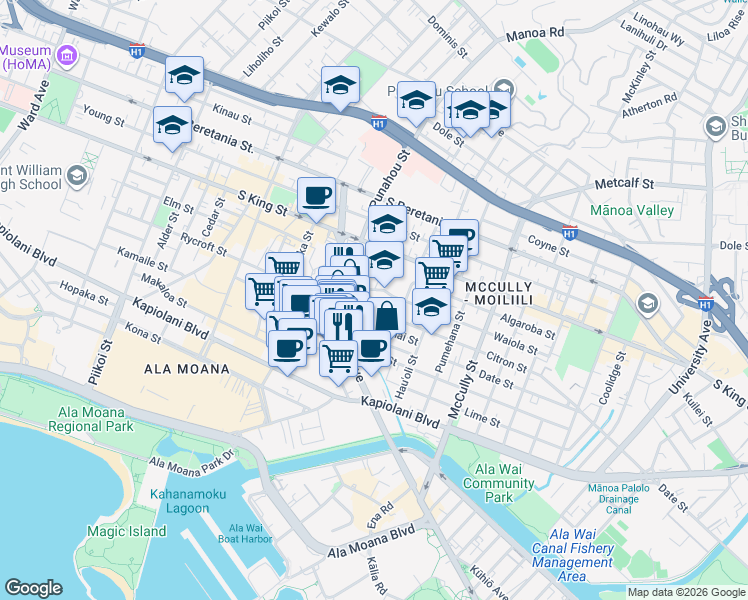 map of restaurants, bars, coffee shops, grocery stores, and more near 1607 Pualoke Place in Honolulu