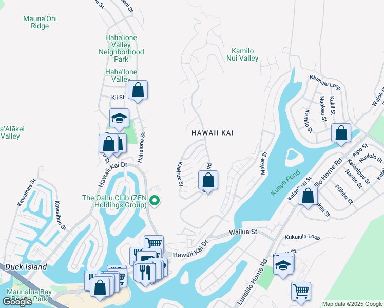 map of restaurants, bars, coffee shops, grocery stores, and more near 1018 Kaloaloa Street in Honolulu