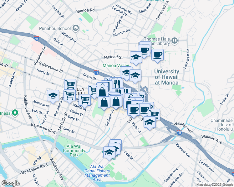map of restaurants, bars, coffee shops, grocery stores, and more near 2424 South Beretania Street in Honolulu