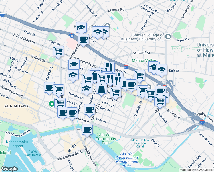 map of restaurants, bars, coffee shops, grocery stores, and more near 2016 Algaroba Street in Honolulu