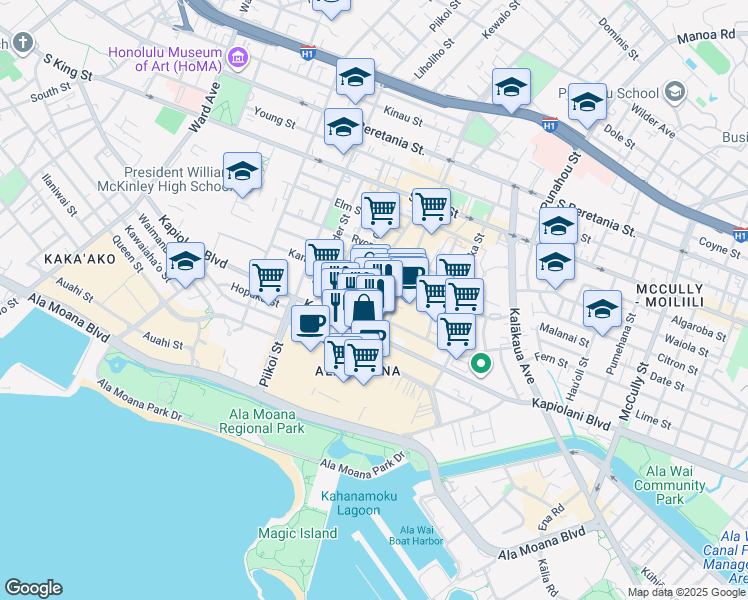 map of restaurants, bars, coffee shops, grocery stores, and more near 1376 Kapiolani Boulevard in Honolulu