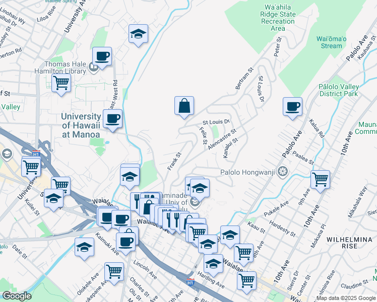 map of restaurants, bars, coffee shops, grocery stores, and more near 1430 Saint Louis Drive in Honolulu