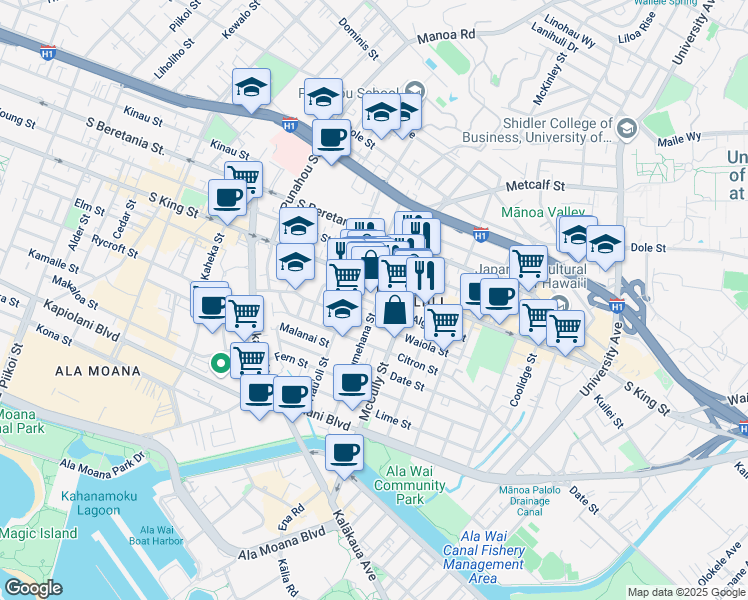map of restaurants, bars, coffee shops, grocery stores, and more near 909 Pumehana Street in Honolulu