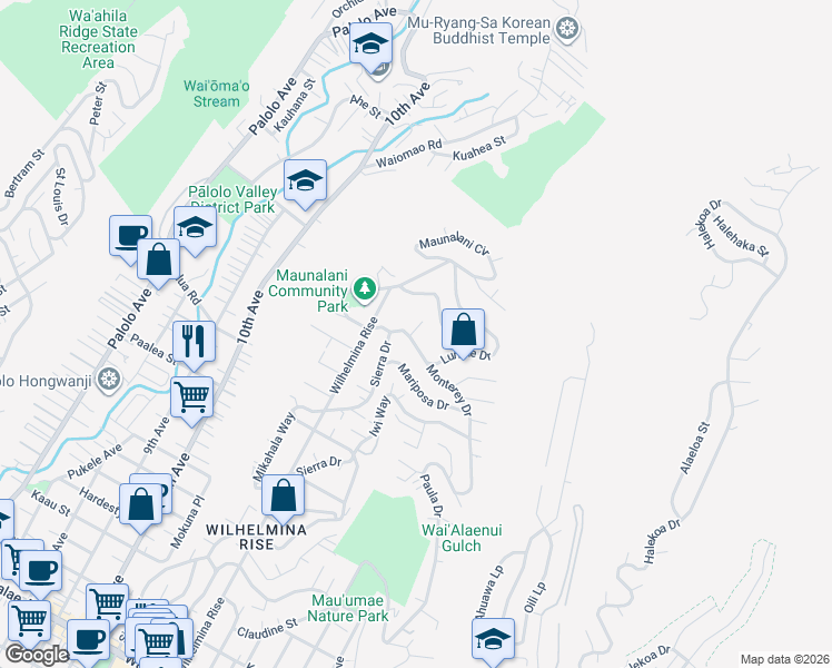 map of restaurants, bars, coffee shops, grocery stores, and more near 3736 Lurline Drive in Honolulu